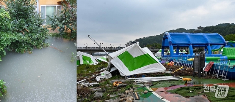 왼쪽 사진은 병원이 물에 잠긴 모습. 오른쪽은 억대의 혈세를 투입해서 진행하는 남원요천 물 축제장.(출처=익명의 제보자)